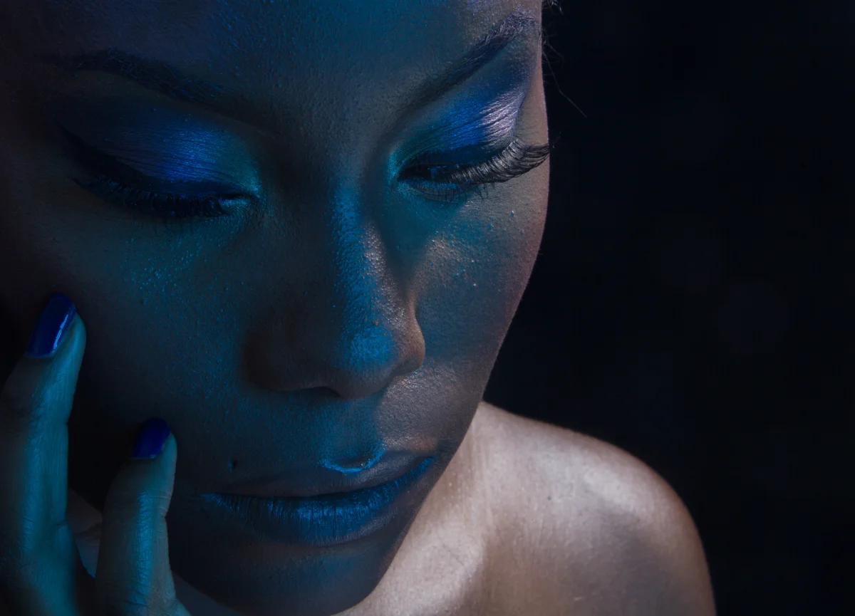 Before retouching — Original studio beauty portrait photo by Marcie Photography showing raw skin texture