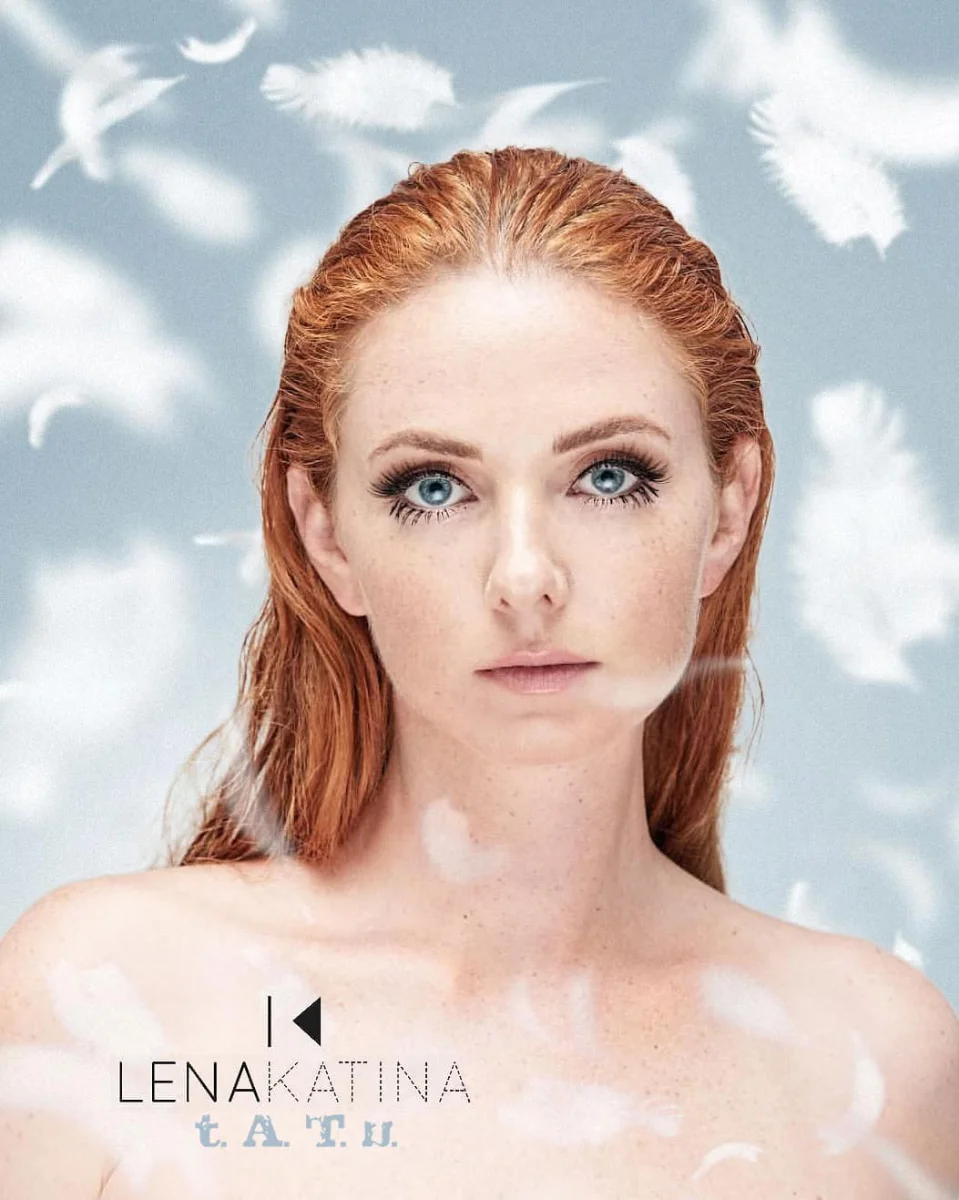 Lena Katina (t.A.T.u.) commercial beauty portrait retouching with floating feathers background